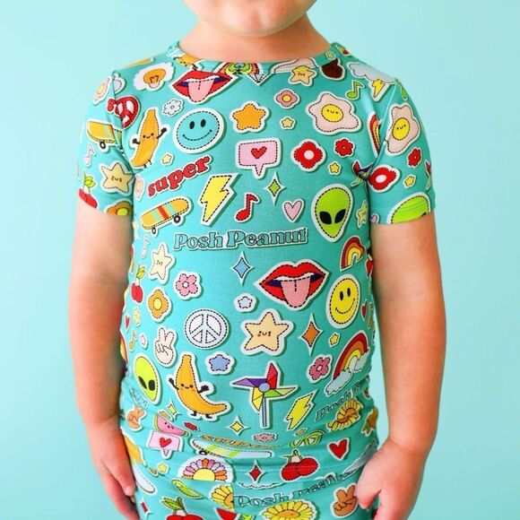 Posh Peanut Kids Teal Colorful Sticker Medley Pajama Top - Picture 1 of 5